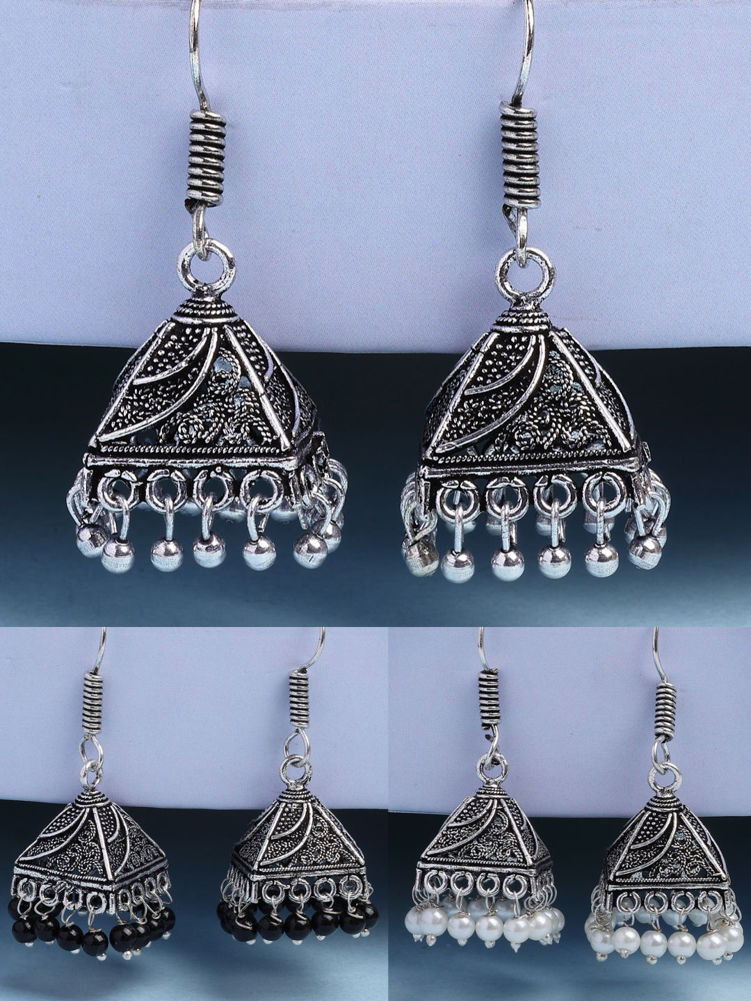 NVR Women's Set of 3 Oxidized Silver Plated Artificial Beads Jhumka Earrings - Distacart