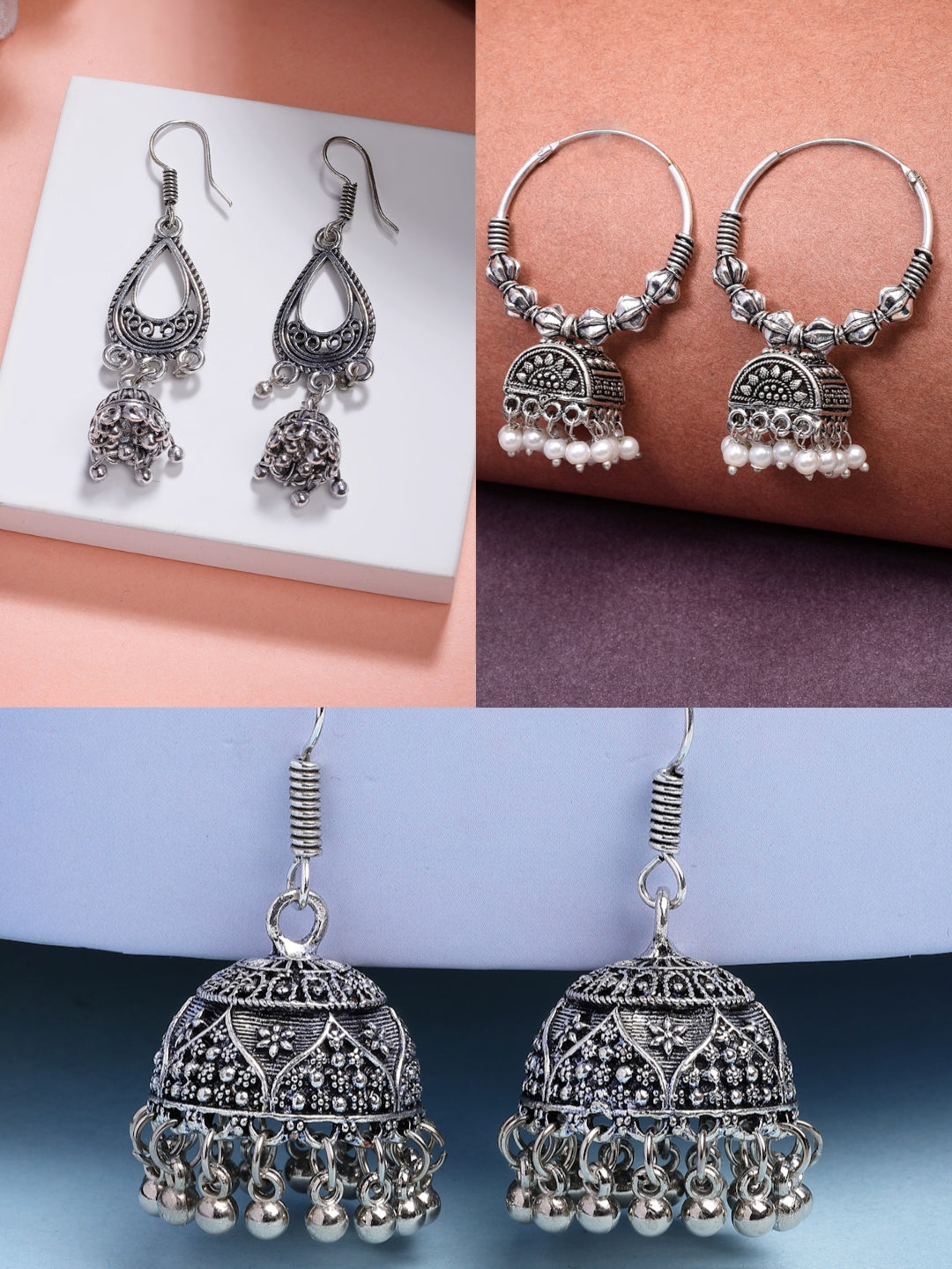 NVR Women Set of 3 German Silver Oxidized Traditional Jhumka Earrings - Distacart