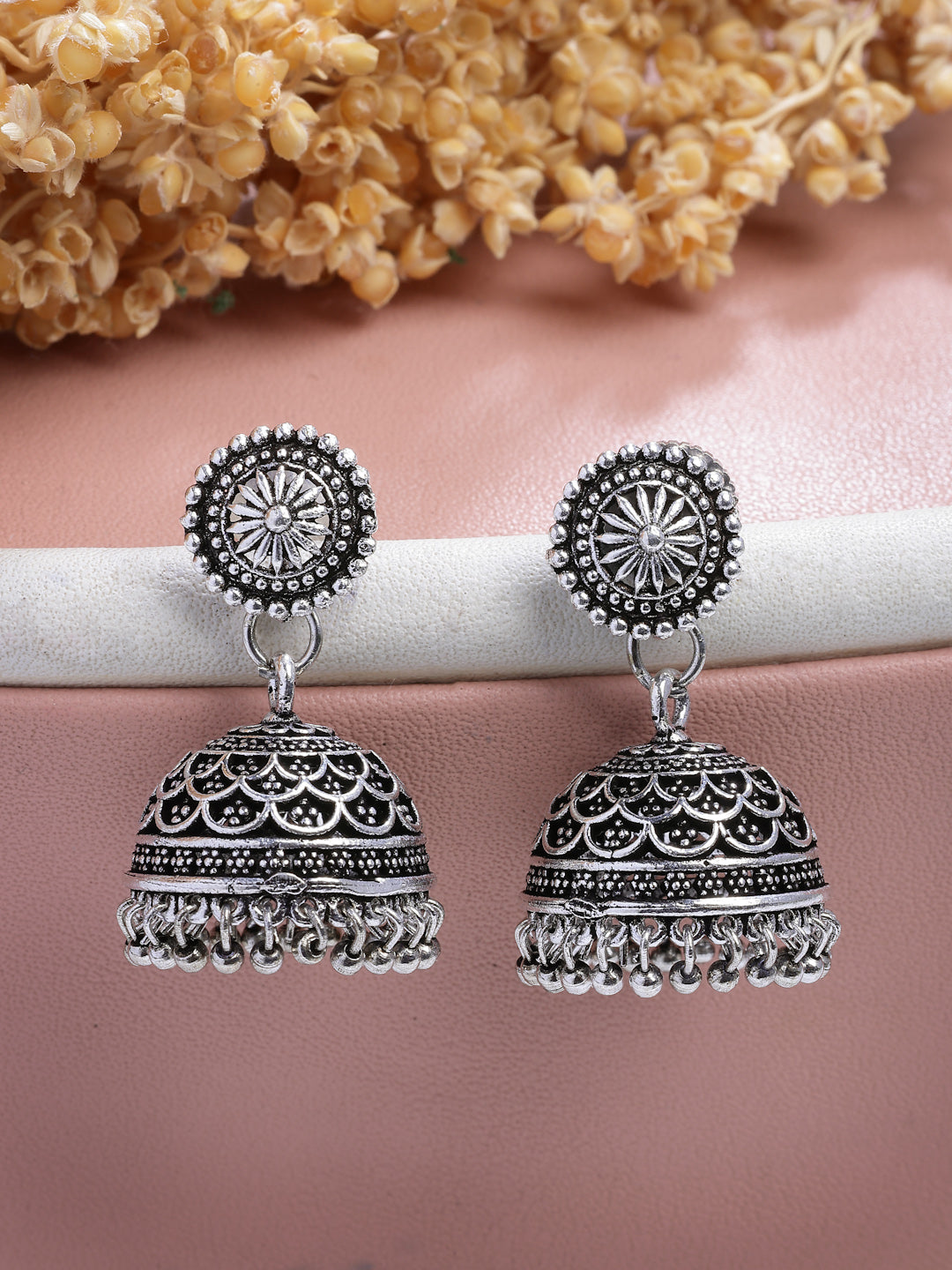 NVR Women Set of 3 Silver Plated Round Shape Oxidized Traditional Jhumka & Stud Earrings - Distacart