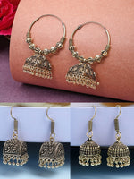 Thumbnail for NVR Women Set of 3 Gold-Polished Oxidized Contemporary Jhumka Earrings - Distacart