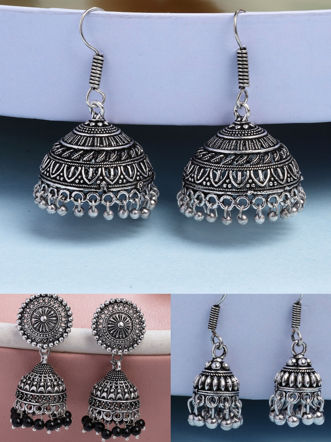 NVR Women's Set of 3 Traditional Silver Plated Oxidized Jhumka Earrings - Distacart