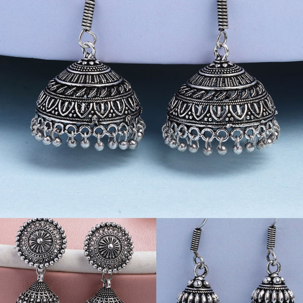 NVR Women's Set of 3 Traditional Silver Plated Oxidized Jhumka Earrings - Distacart