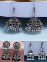 Thumbnail for NVR Women's Set of 3 Traditional Silver Plated Oxidized Jhumka Earrings - Distacart
