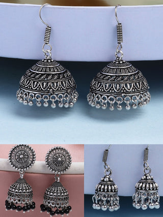 NVR Women's Set of 3 Traditional Silver Plated Oxidized Jhumka Earrings - Distacart
