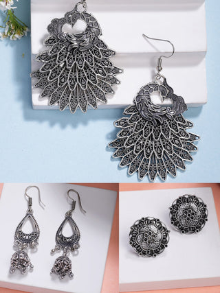 NVR Women's Set of 3 Silver Plated Oxidized Fashion Traditional Earrings - Distacart