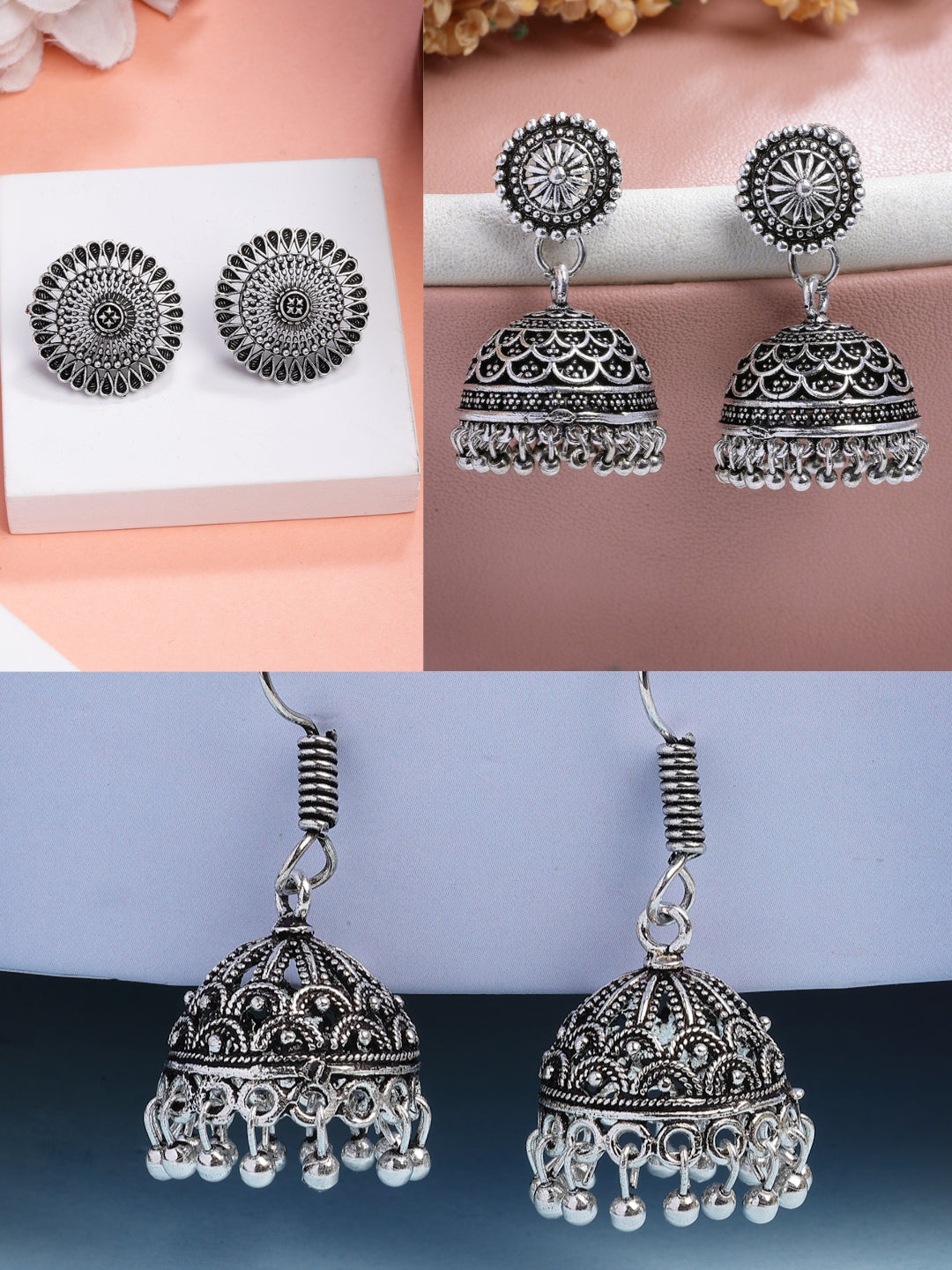 NVR Women Set of 3 Silver Plated Oxidized Traditional Jhumka & Stud Earrings - Distacart