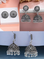 Thumbnail for NVR Women Set of 3 Silver Plated Oxidized Traditional Jhumka & Stud Earrings - Distacart