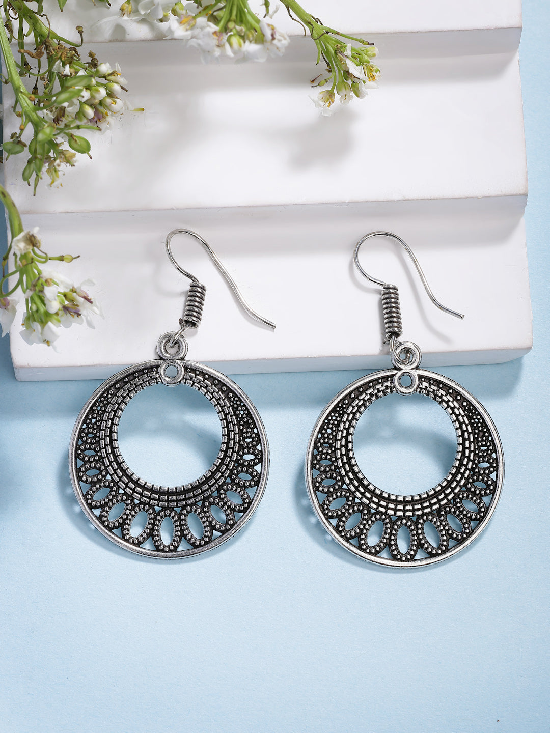 NVR Women Ethnic Set of 3 Oxidized Silver-Plated Jhumka & Chandbali Earrings - Distacart