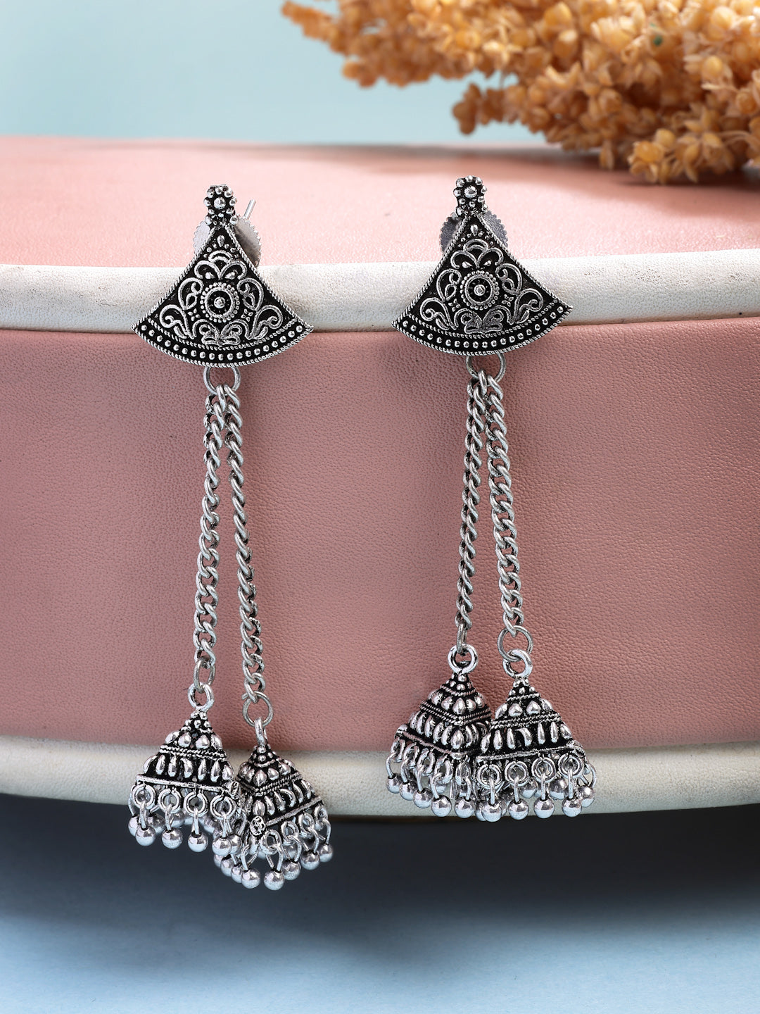 NVR Women Ethnic Set of 3 Oxidized Silver-Plated Jhumka & Chandbali Earrings - Distacart