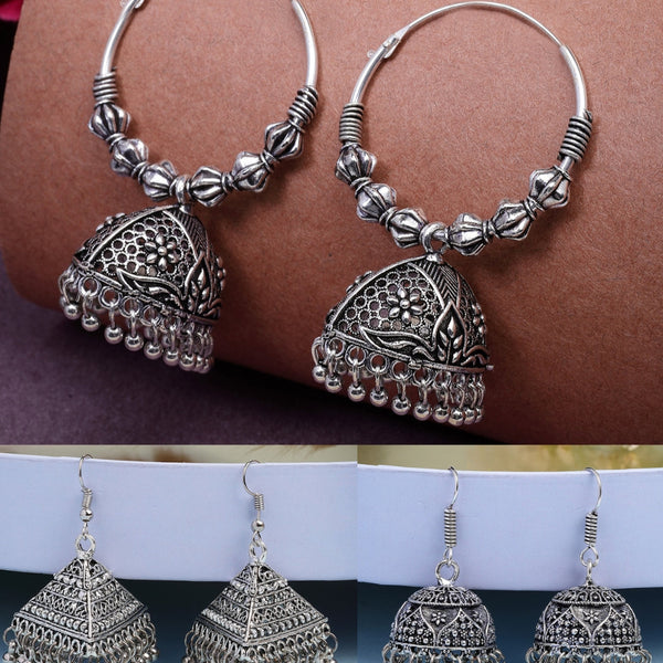 NVR Women's Set of 3 Silver Plated Oxidized Contemporary Jhumka Earrings - Distacart