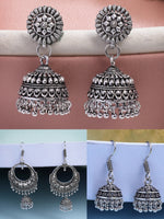 Thumbnail for NVR Women Set of 3 Silver Plated Oxidized Traditional Jhumka Earrings - Distacart