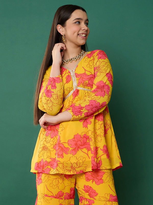 Lyush Girl Yellow Floral Peplum Top With Biased Flare Sharara - Distacart