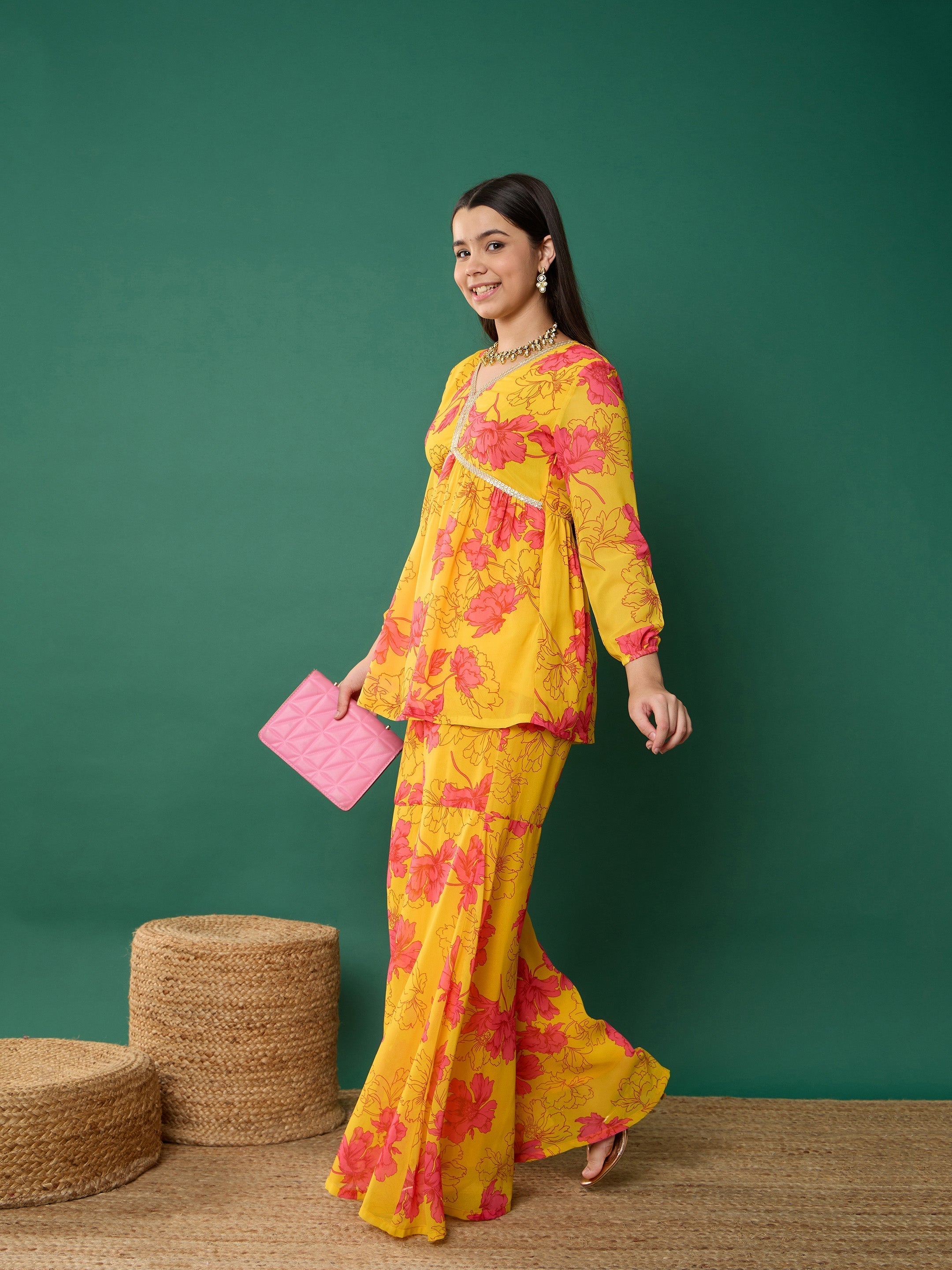 Lyush Girl Yellow Floral Peplum Top With Biased Flare Sharara - Distacart