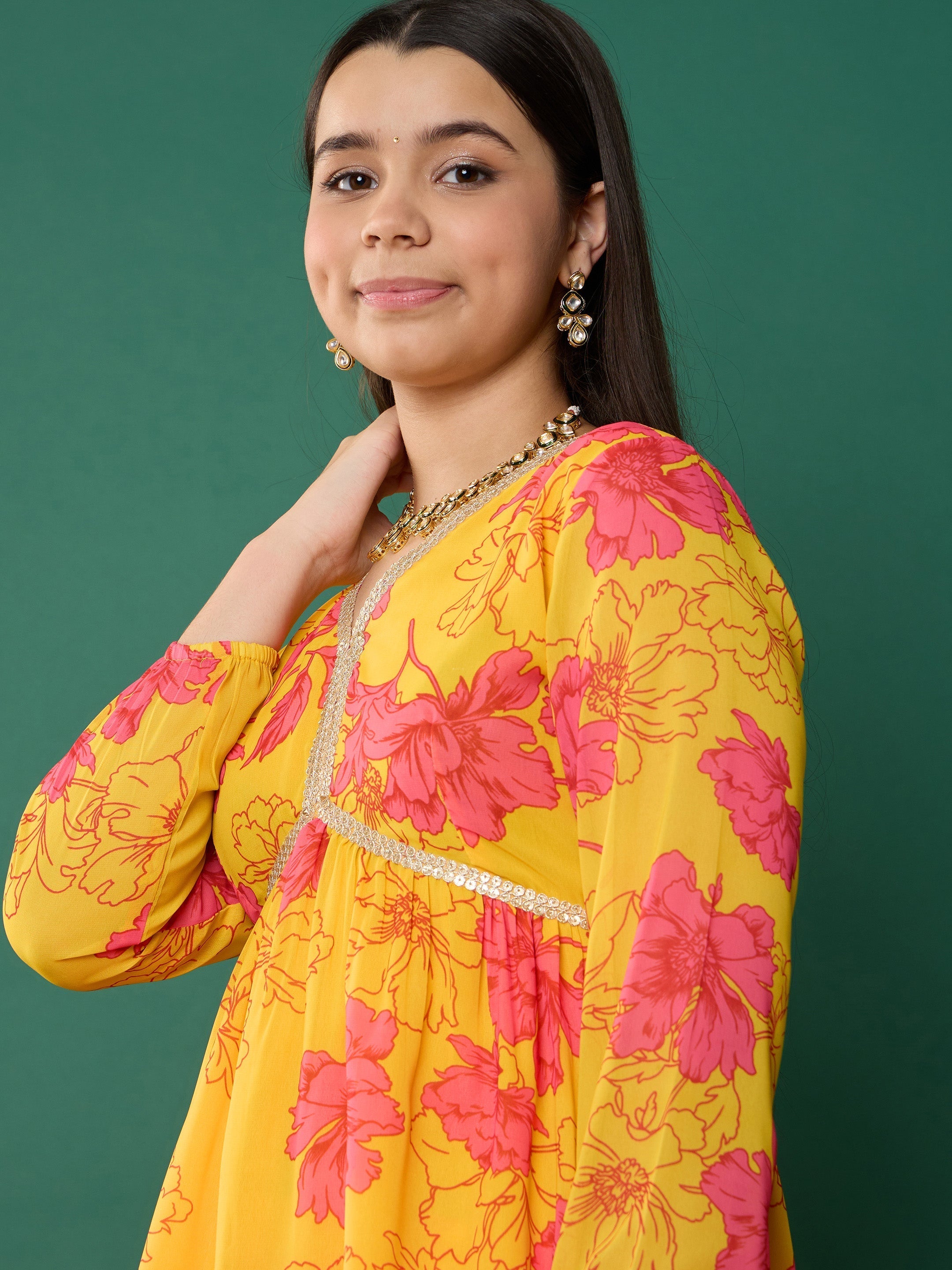 Lyush Girl Yellow Floral Peplum Top With Biased Flare Sharara - Distacart