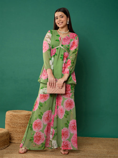 Lyush Girl Green Floral Peplum Top With Biased Flare Sharara