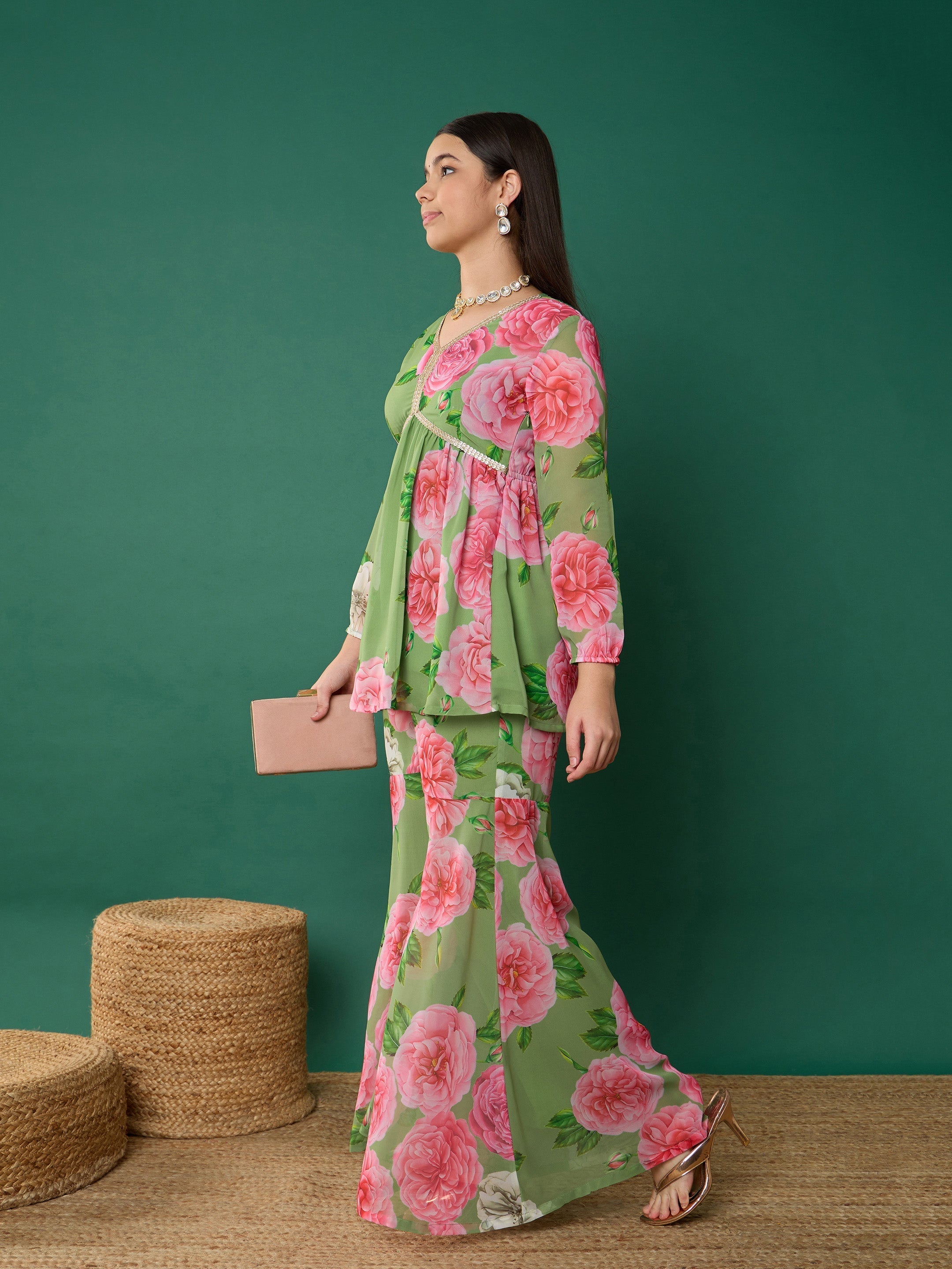 Lyush Girl Green Floral Peplum Top With Biased Flare Sharara - Distacart