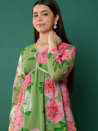 Thumbnail for Lyush Girl Green Floral Peplum Top With Biased Flare Sharara