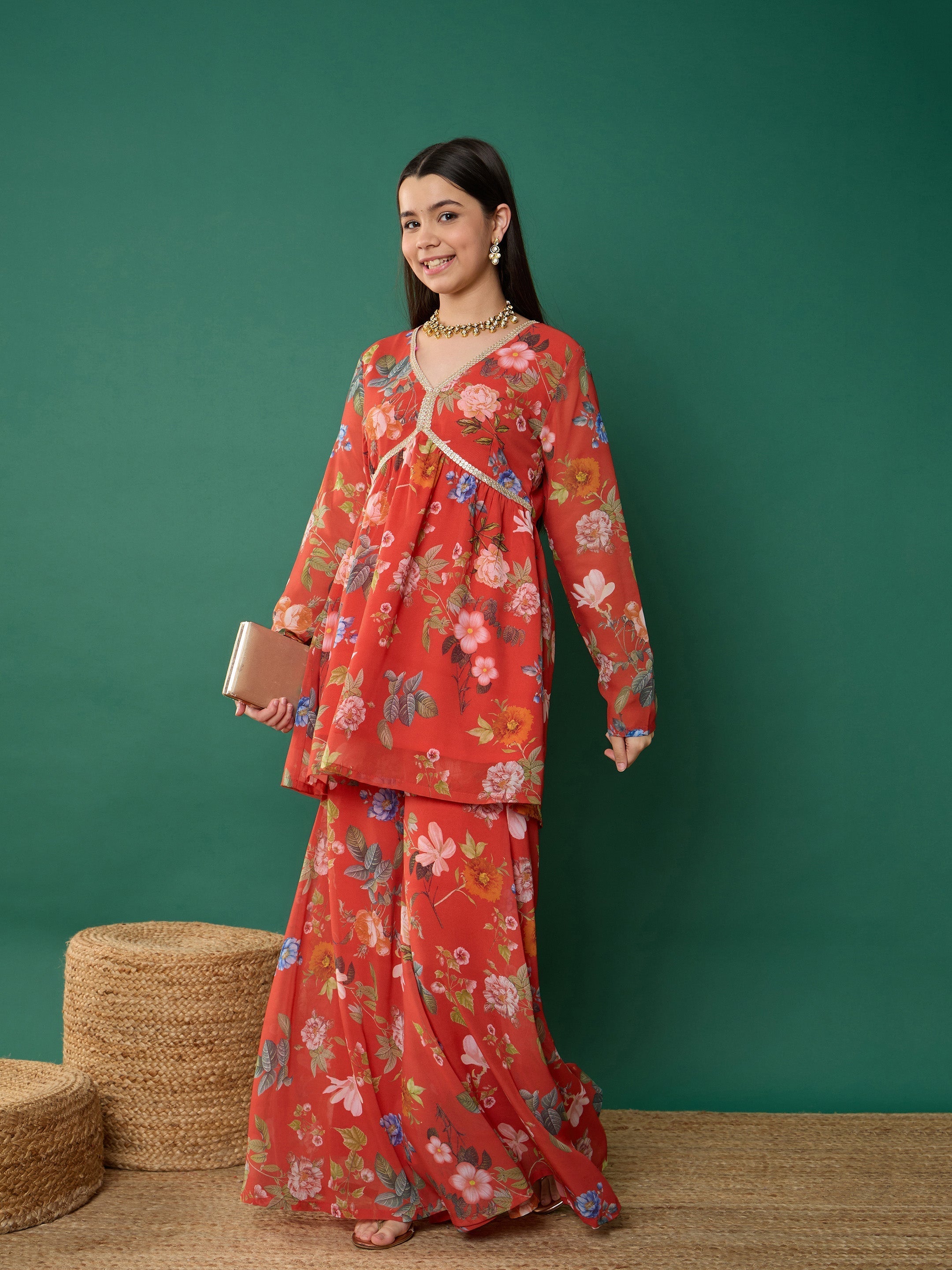 Lyush Girl Red Floral Peplum Top With Biased Flare Sharara - Distacart