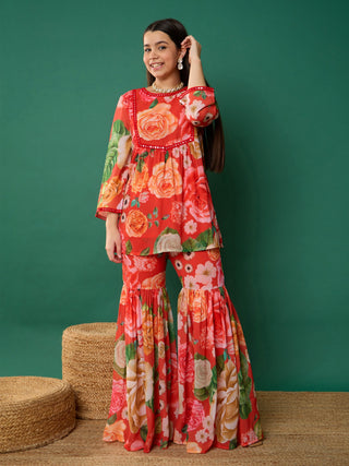 Lyush Girl Red Floral Short Kurta With Sharara Pants - Distacart