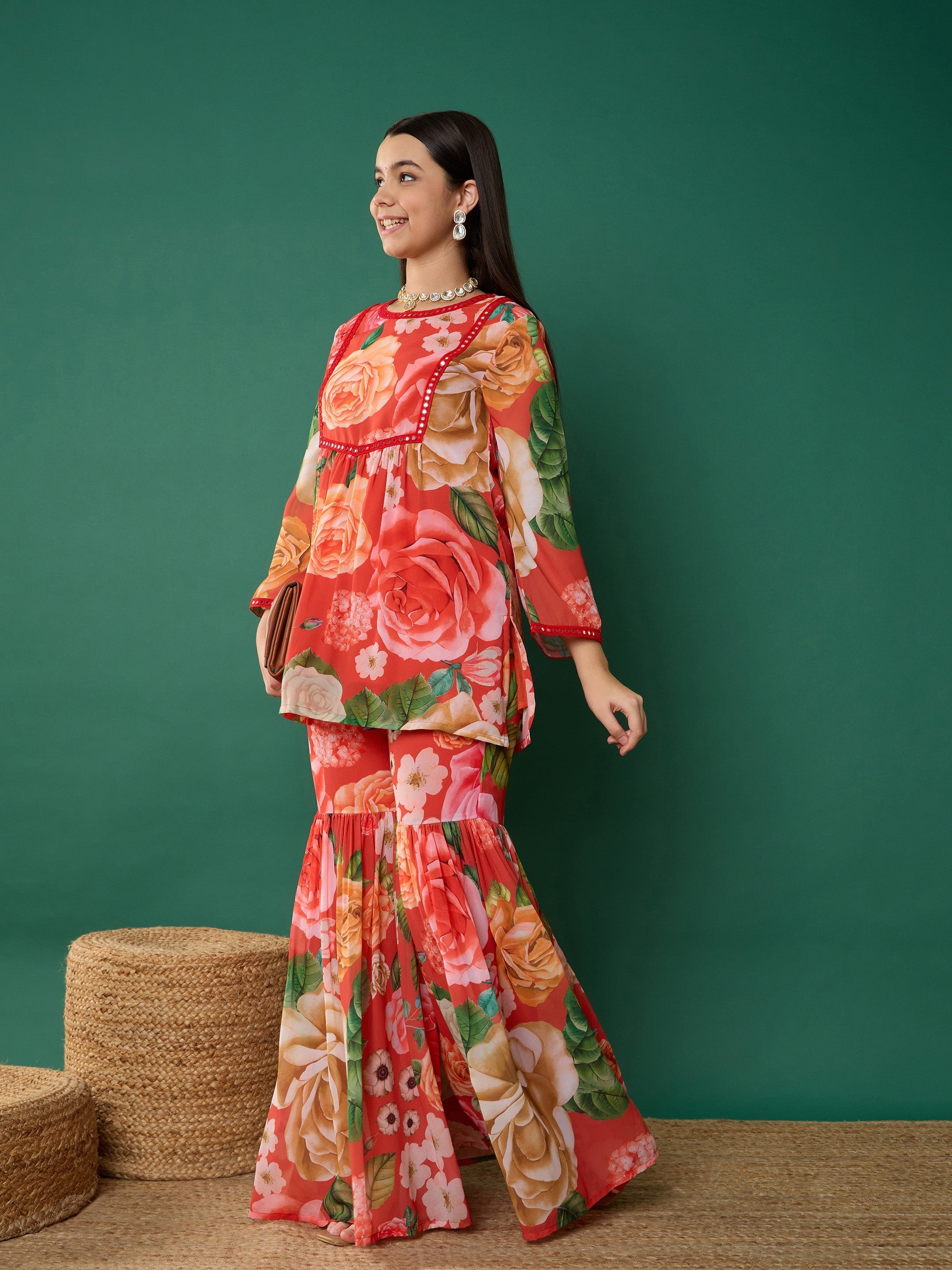 Lyush Girl Red Floral Short Kurta With Sharara Pants - Distacart