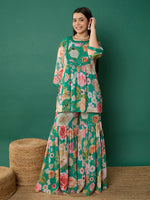 Thumbnail for Lyush Girl Green Floral Short Kurta With Sharara Pants - Distacart