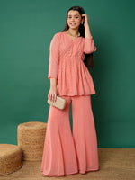 Thumbnail for Lyush Girl Pink Mukesh Wrap Peplum Top With Palazzos - Distacart
