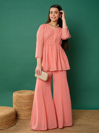 Thumbnail for Lyush Girl Pink Mukesh Wrap Peplum Top With Palazzos