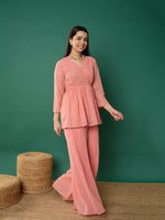 Thumbnail for Lyush Girl Pink Mukesh Wrap Peplum Top With Palazzos - Distacart