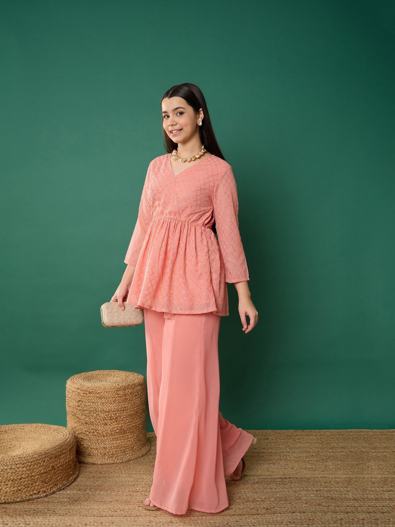 Lyush Girl Pink Mukesh Wrap Peplum Top With Palazzos