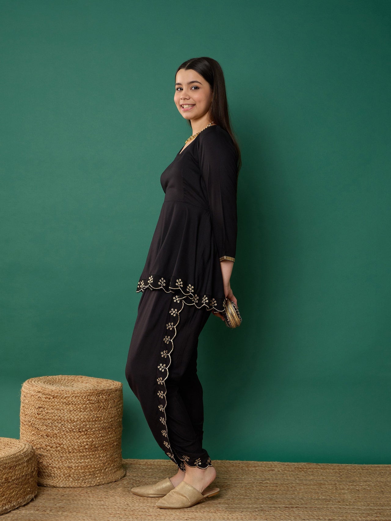 Lyush Girl Black Solid Peplum Top With Dhoti Pants