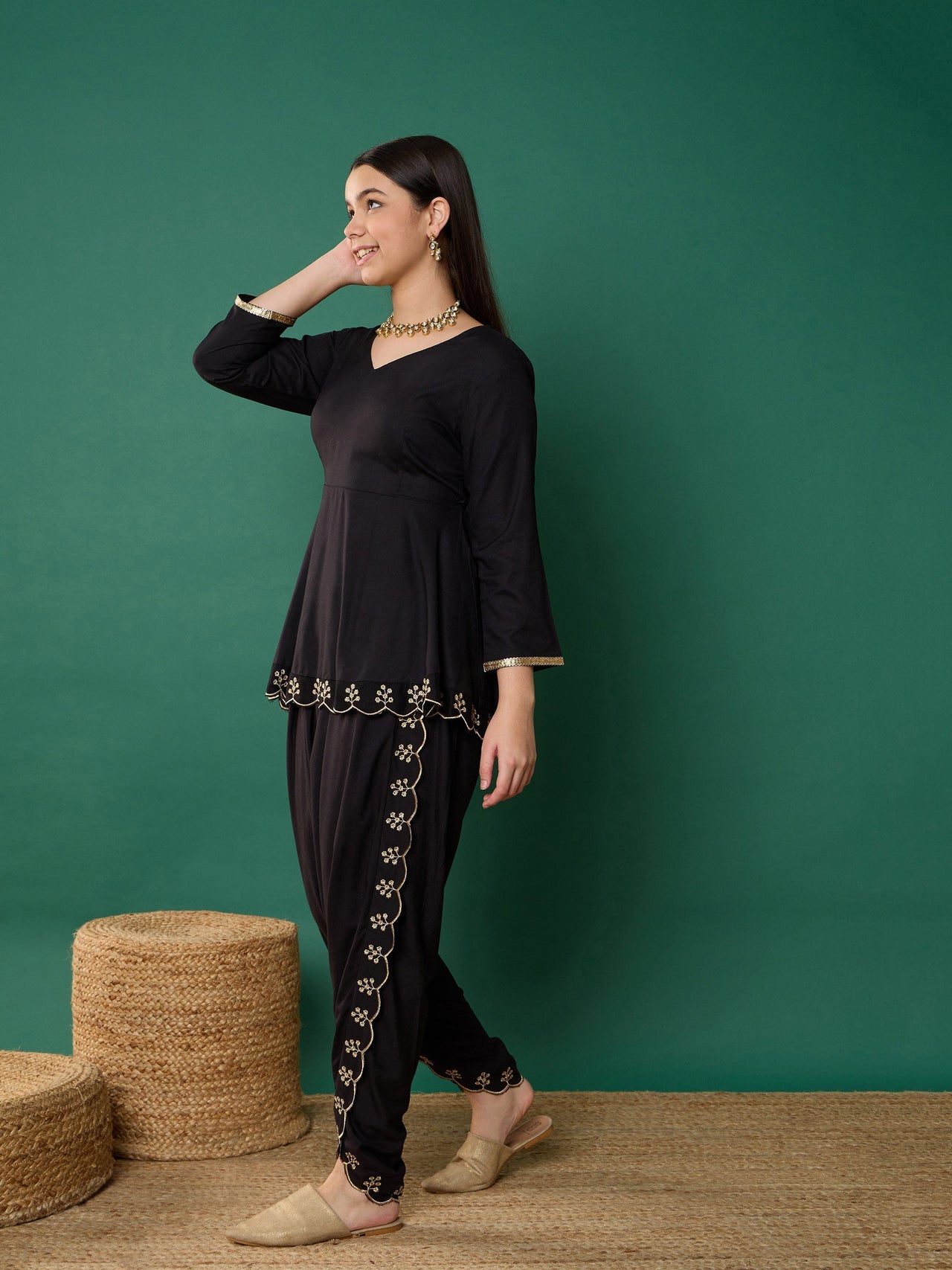 Lyush Girl Black Solid Peplum Top With Dhoti Pants