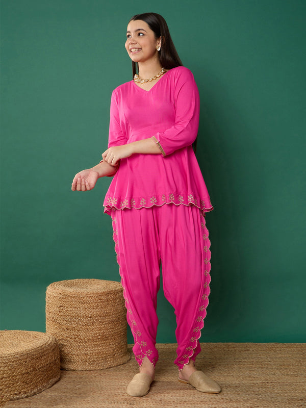Lyush Girl Fuchsia Solid Peplum Top With Dhoti Pants - Distacart