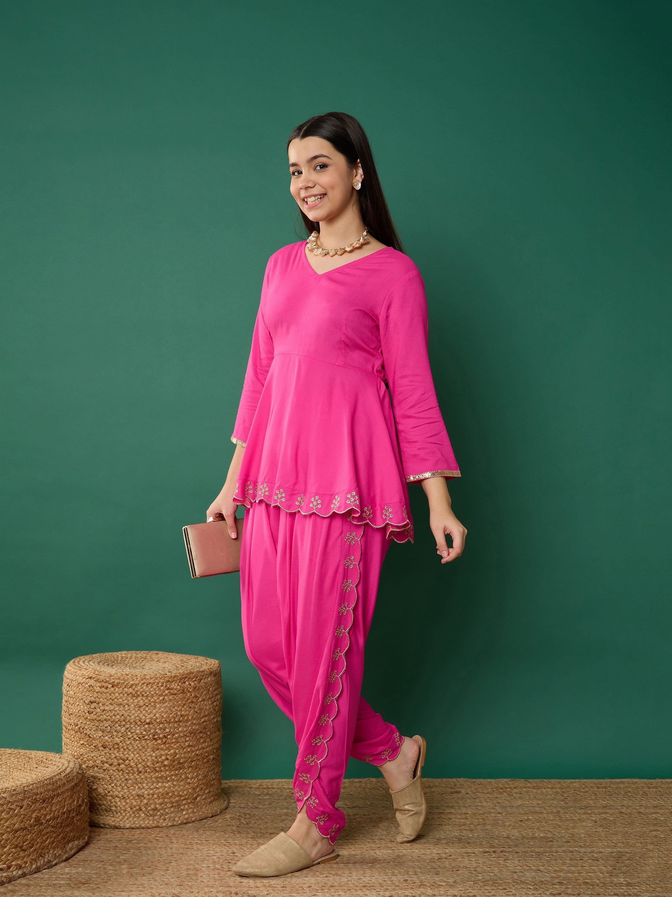 Lyush Girl Fuchsia Solid Peplum Top With Dhoti Pants - Distacart