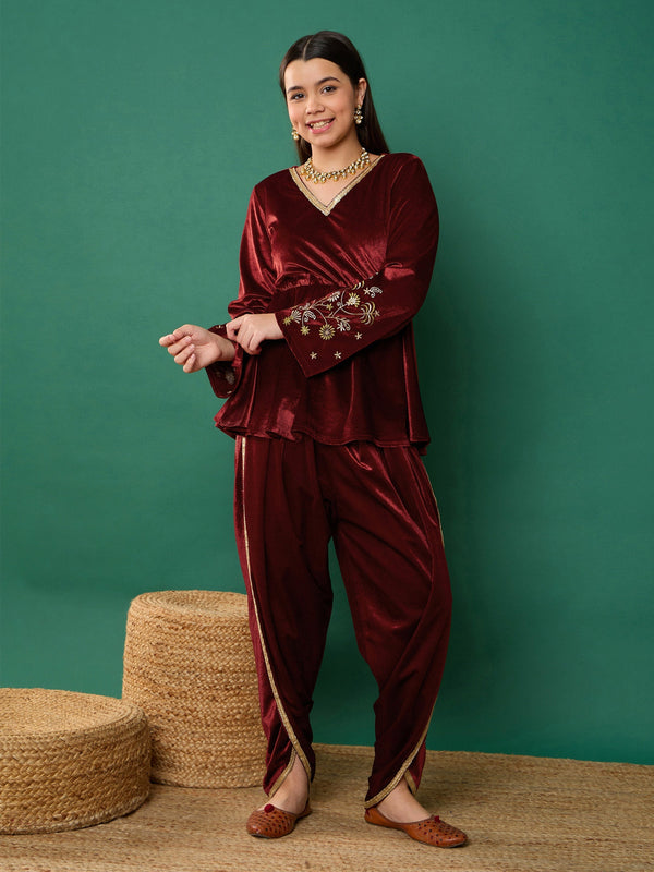 Lyush Girl Maroon Velvet Emb Peplum Top With Dhoti Pants - Distacart