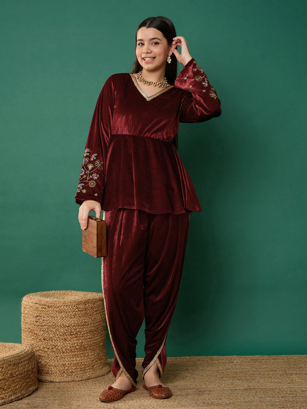 Lyush Girl Maroon Velvet Emb Peplum Top With Dhoti Pants - Distacart