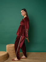 Thumbnail for Lyush Girl Maroon Velvet Emb Peplum Top With Dhoti Pants - Distacart
