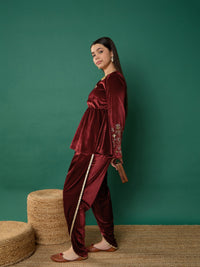 Thumbnail for Lyush Girl Maroon Velvet Emb Peplum Top With Dhoti Pants