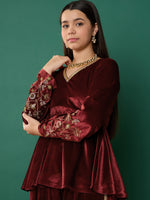 Thumbnail for Lyush Girl Maroon Velvet Emb Peplum Top With Dhoti Pants - Distacart