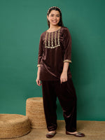 Thumbnail for Lyush Girl Brown Velvet Embroidered Kurta With Salwar - Distacart