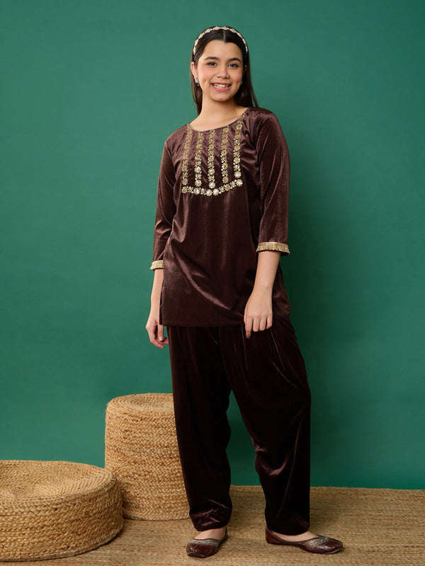Lyush Girl Brown Velvet Embroidered Kurta With Salwar - Distacart