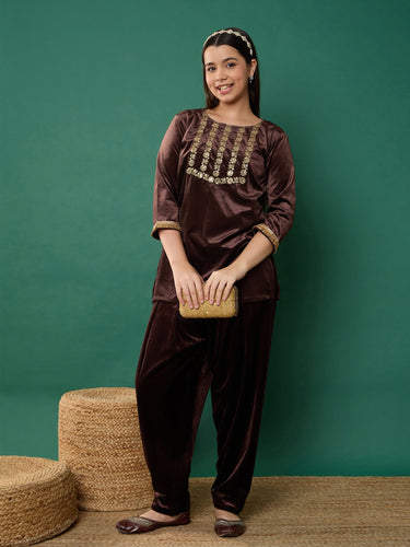 Lyush Girl Brown Velvet Embroidered Kurta With Salwar