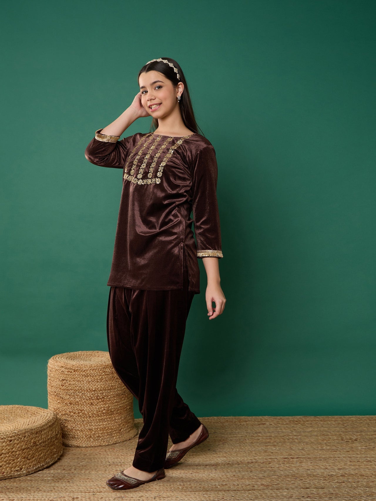 Lyush Girl Brown Velvet Embroidered Kurta With Salwar