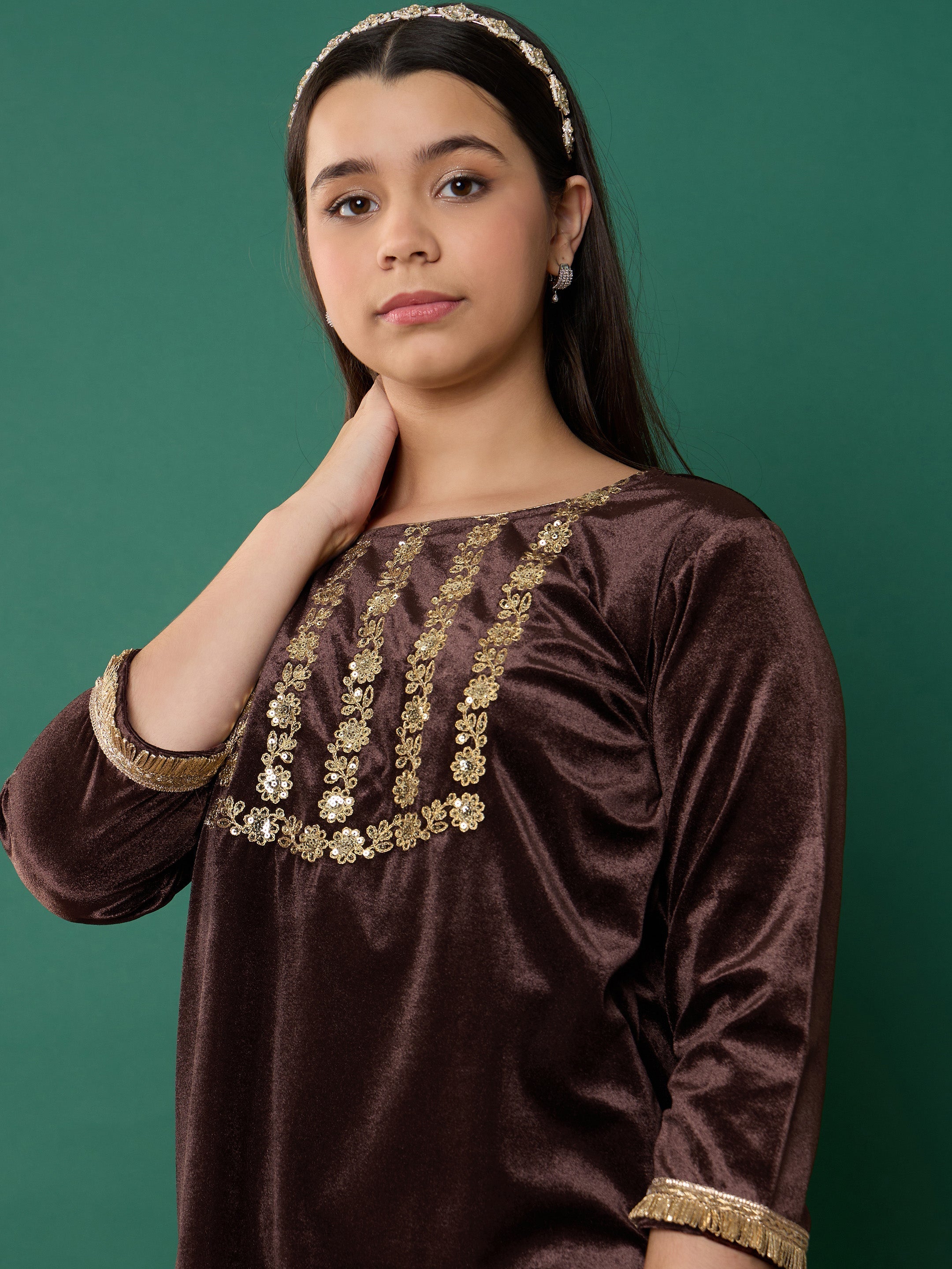Lyush Girl Brown Velvet Embroidered Kurta With Salwar - Distacart
