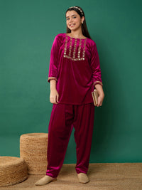 Thumbnail for Lyush Girl Fuchsia Velvet Embroidered Kurta With Salwar