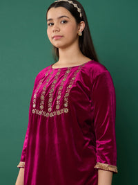 Thumbnail for Lyush Girl Fuchsia Velvet Embroidered Kurta With Salwar