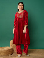 Thumbnail for Lyush Girl Red Velvet Embroidered Kurta With Pants - Distacart