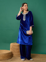 Thumbnail for Lyush Girl Royal Blue Velvet Emb Straight Kurta With Pants - Distacart