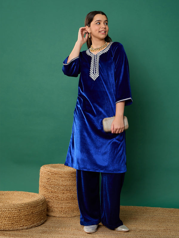 Lyush Girl Royal Blue Velvet Emb Straight Kurta With Pants - Distacart