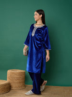 Thumbnail for Lyush Girl Royal Blue Velvet Emb Straight Kurta With Pants - Distacart