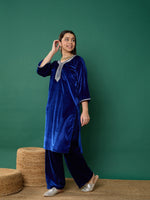 Thumbnail for Lyush Girl Royal Blue Velvet Emb Straight Kurta With Pants - Distacart